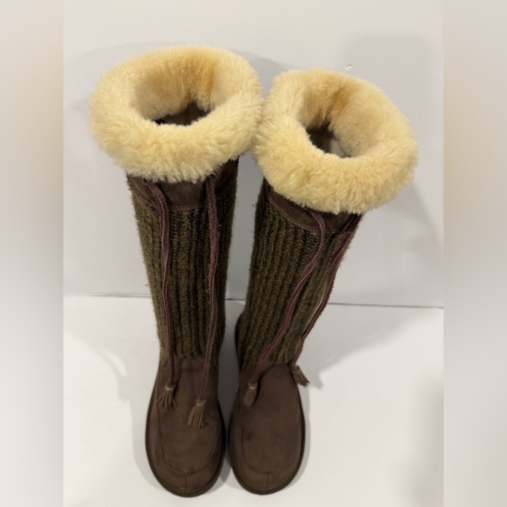 UGG Australia Tall Knit Shearling Boots Brown Leather Tassel Women’s 6 - Picture 5 of 13